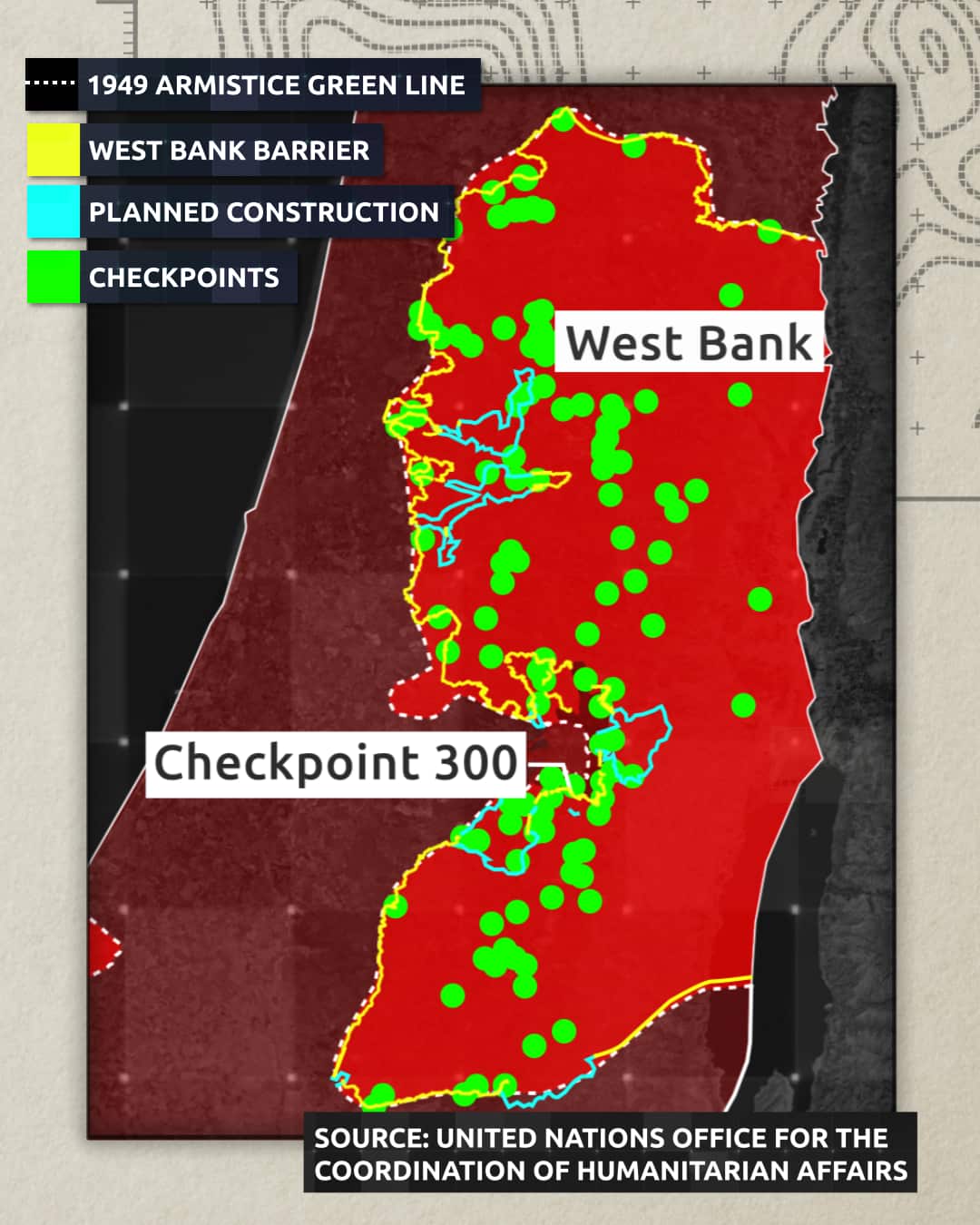 A graphic showing the West Bank in bright red and Israel in maroon. The path of the West Bank wall is illustrated by yellow lines and checkpoints are green dots.