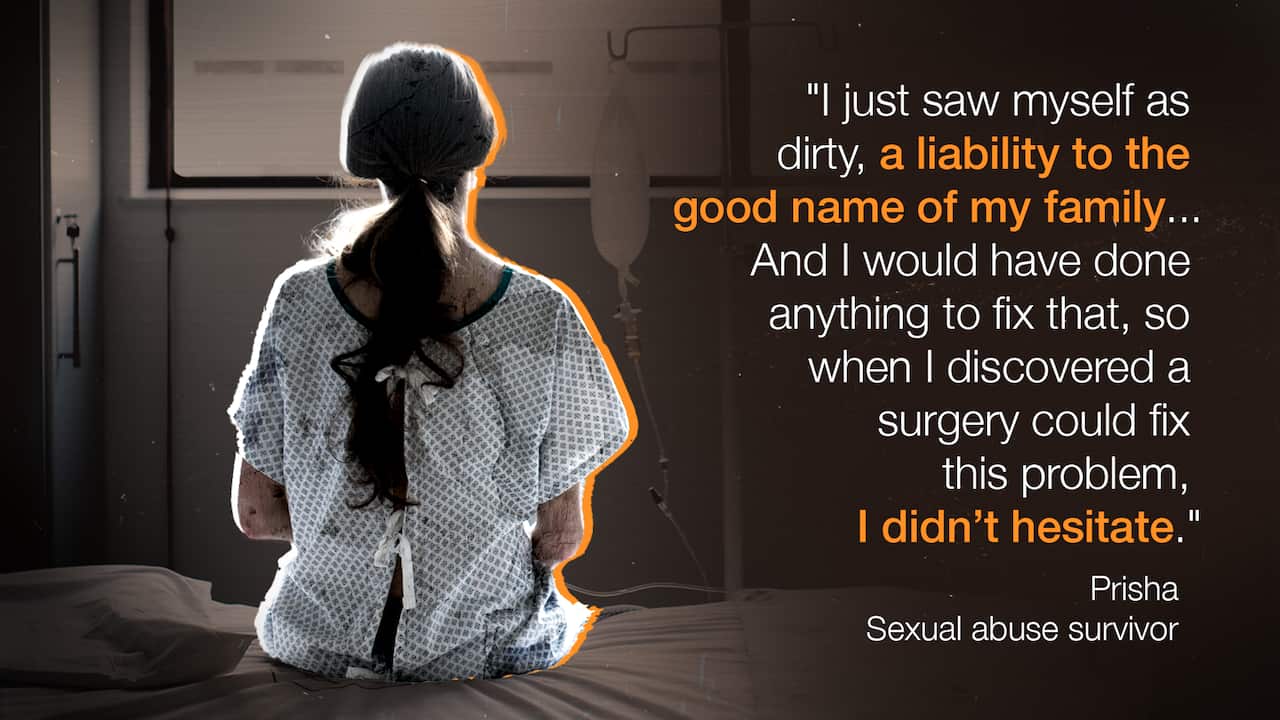 A quote from the article from Prisha. It reads: "I just saw myself as dirty, a liability to the good name of my family...And I would have done anything to fix that, so when I discovered a surgery could fix this problem, I didn’t hesitate."
