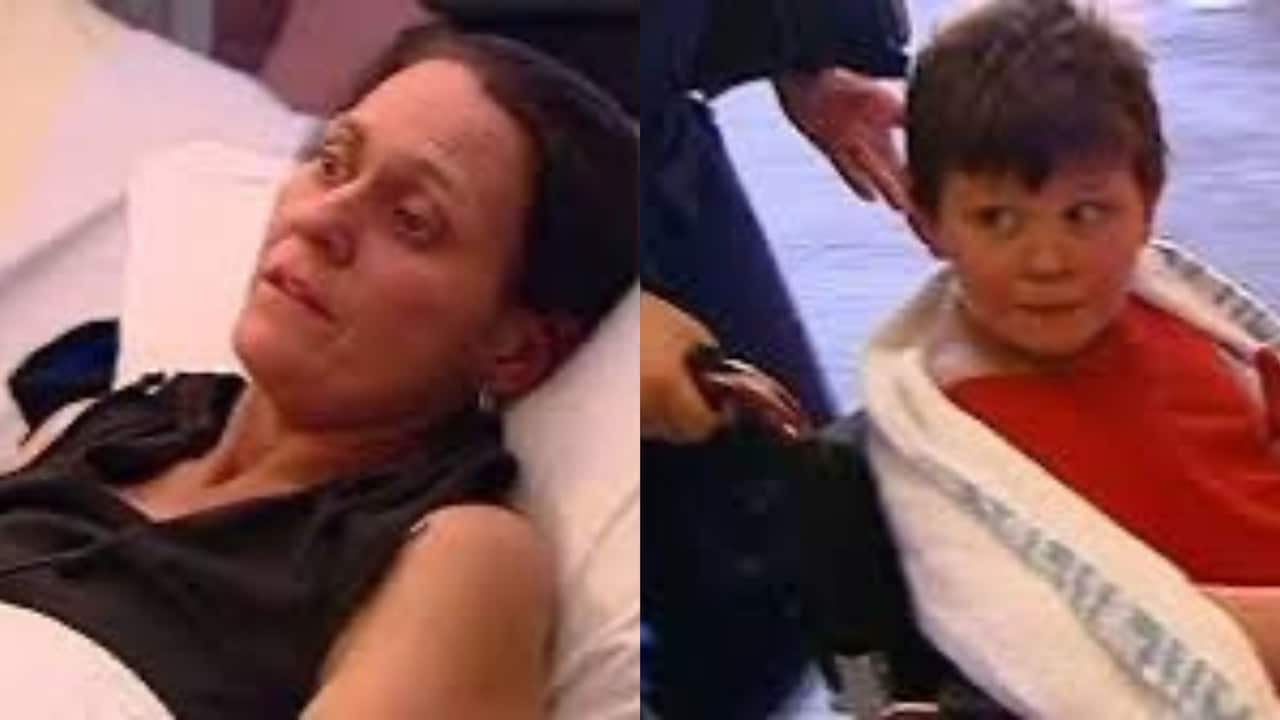 a side by side image of a woman looking stunned in a stretcher bed (left) and a young boy being wheeled in a wheelchair with a blanket around him (right)