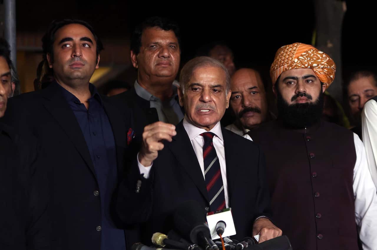 Leaders of opposition political parties Bilawal Bhutto Zardari of Pakistan People Party, and Shehbaz Sharif of Pakistan Muslim League Nawaz (PMLN) talk with journalists after the Supreme Court ruling.