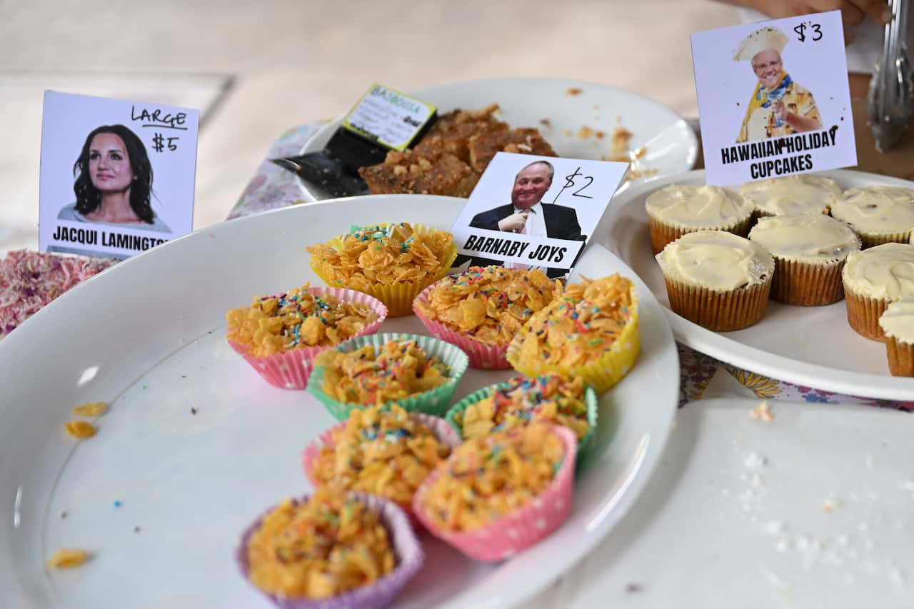 Baked goods are seen on a plate with a small sign that say "Jacqui Lamington", "Barnaby Joys", and "Hawaiian Holiday Cupcakes".