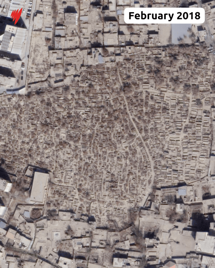 Satellite images showing how a cemetry was demolished.