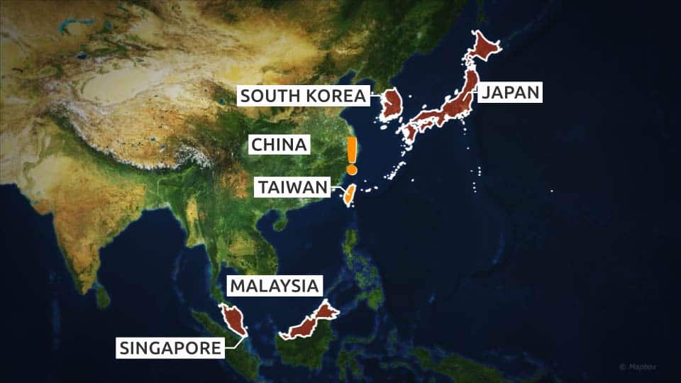 A map shows the countries Nancy Pelosi will visit on her Indo-Pacific tour. The nations include Singapore, Malaysia, Japan, South Korea, and possibly Taiwan.