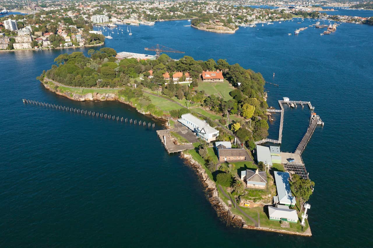 An aerial shot of an island in Sydney Harbour.