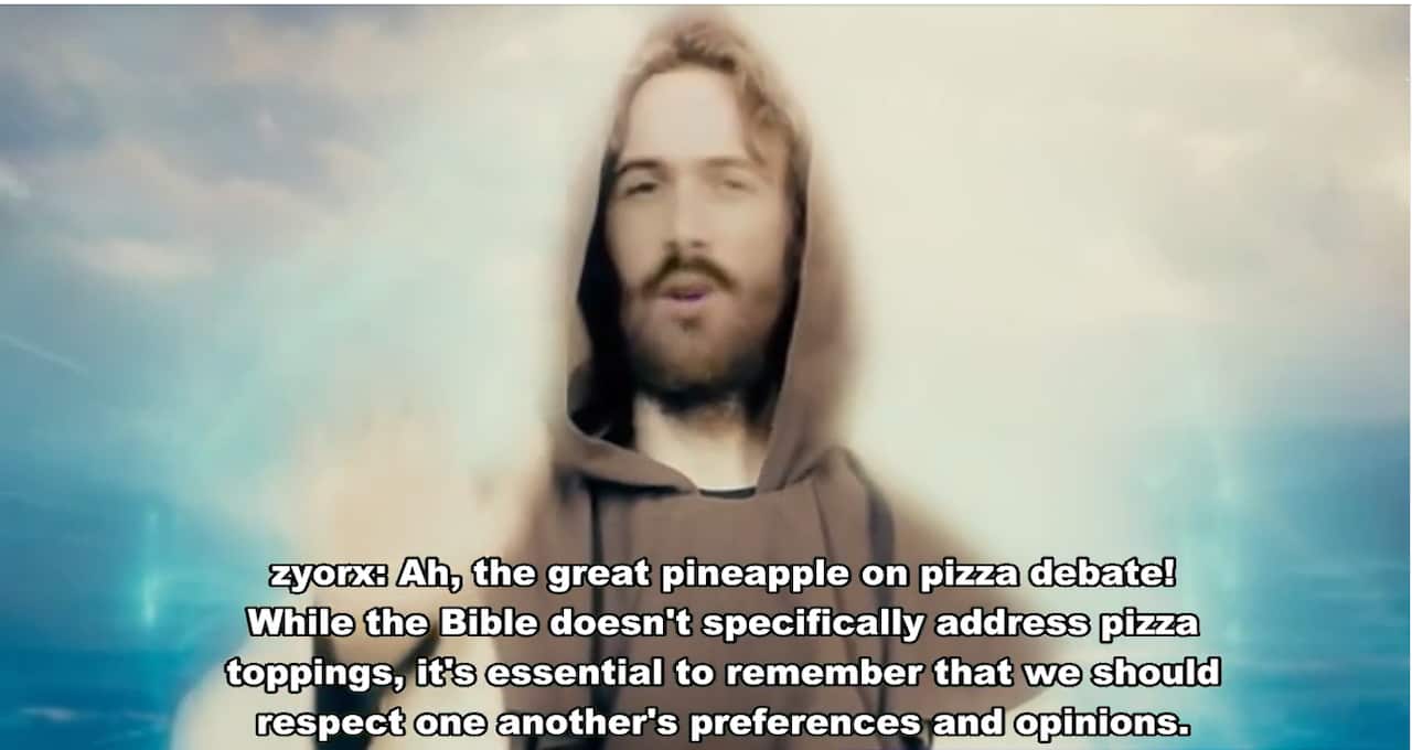 An artificial intelligence-generated portrayal of Jesus. A caption reads: "Ah, the great pineapple on pizza debate! While the Bible doesn't specifically address pizza toppings, it's essential to remember that we should respect one another's preferences and opinions."