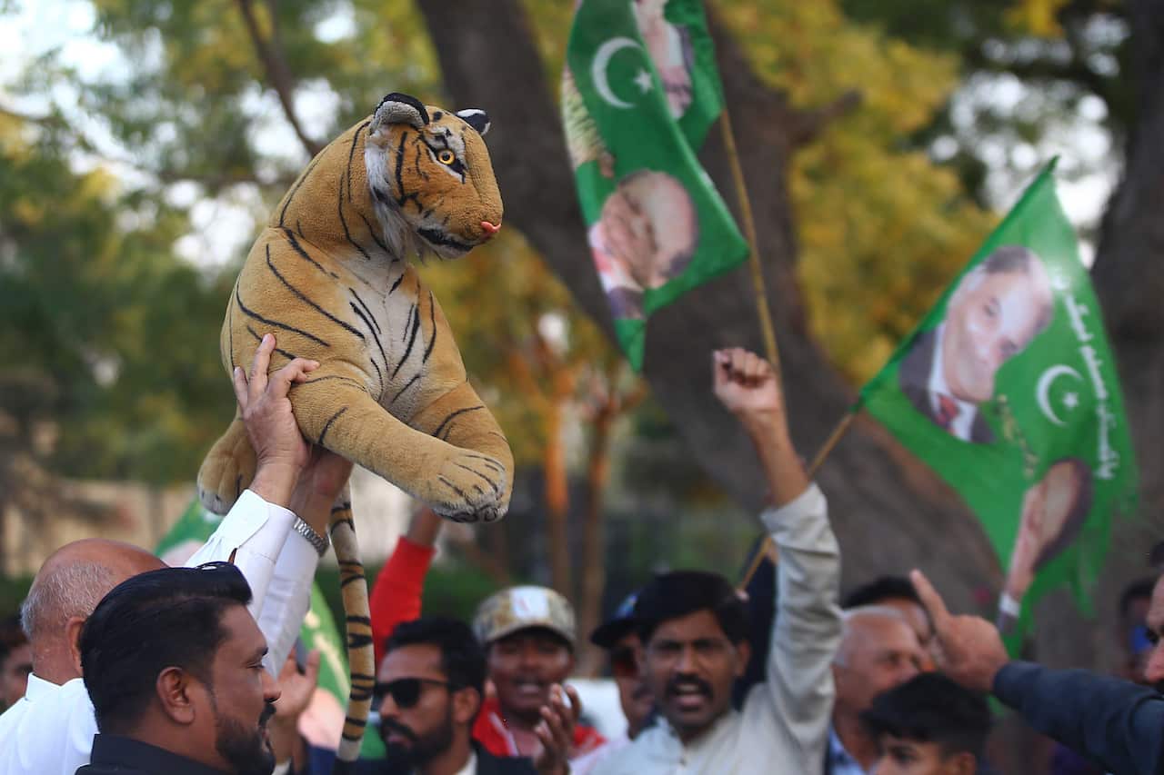 At the rally, people are holding a large toy tiger in the air and waving green flags.