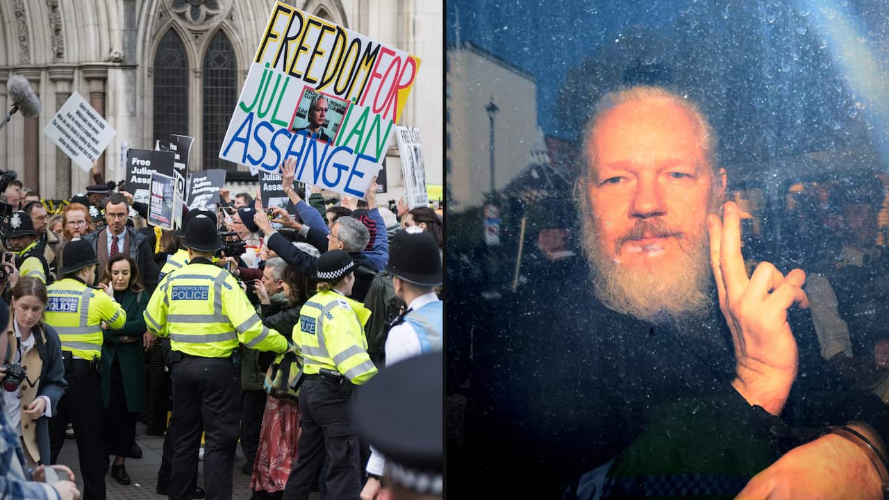 Left: Police make a path for a man and woman to walk through a crowd of protesters. Right: A man sitting inside a vehicle.