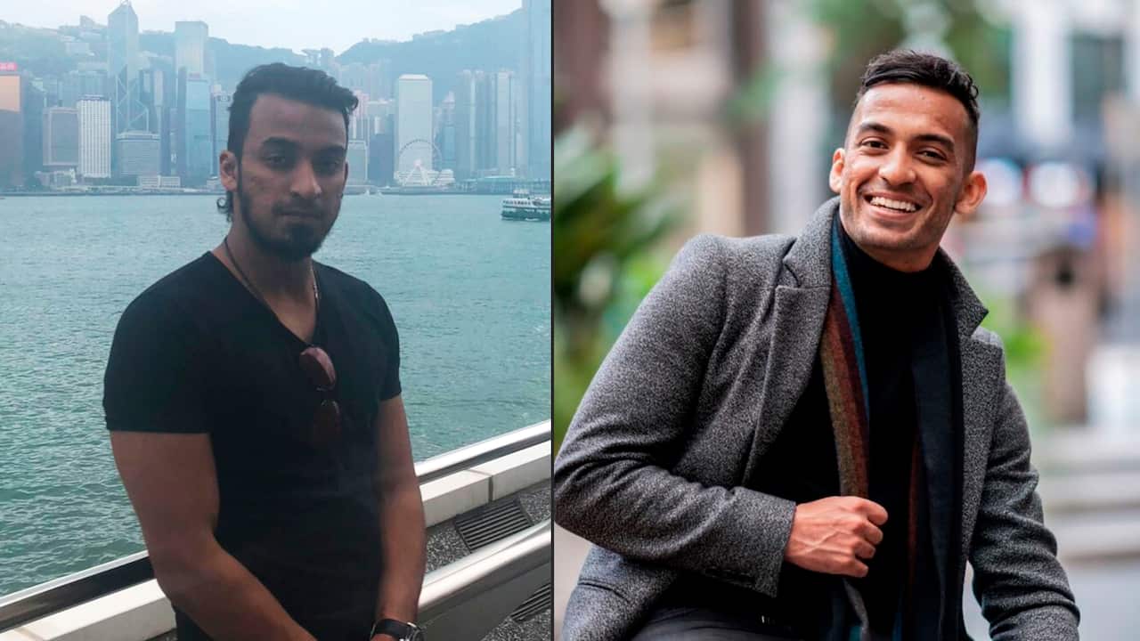 A before and after shot of a man with a new haircut and clothes