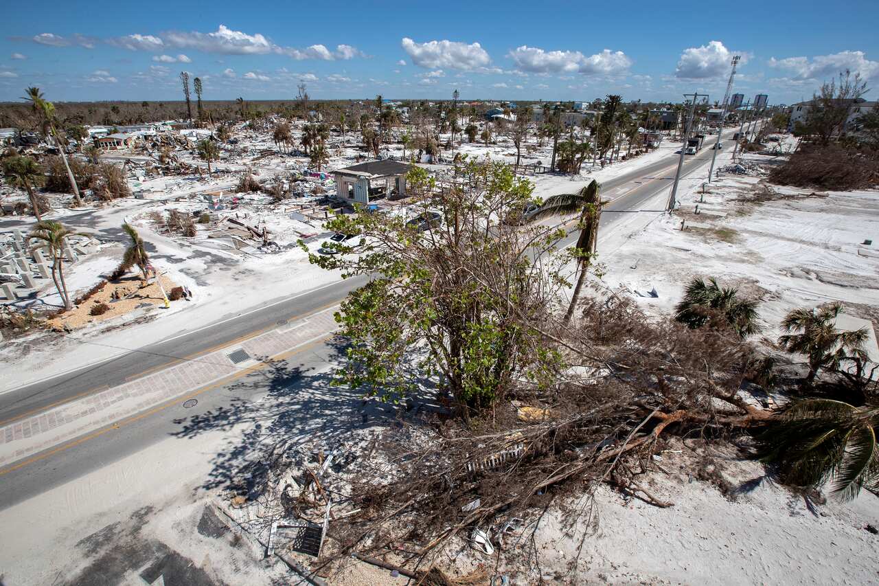 An area land devastated by a hurricane. A number of trees are on the ground.