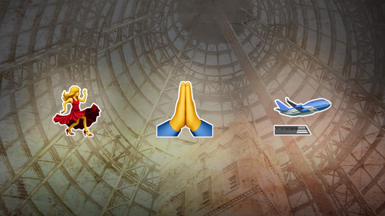 Three emojis: a dancing lady, a prayer or thank you hands and a plane taking off.