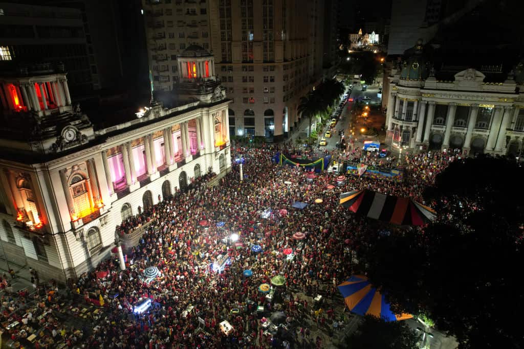 Aerial view of Cinelandia District in downtown Rio de Janeiro as supporters of newly elected president of Brazil Luiz Inácio Lula da Silva celebrate his victory.