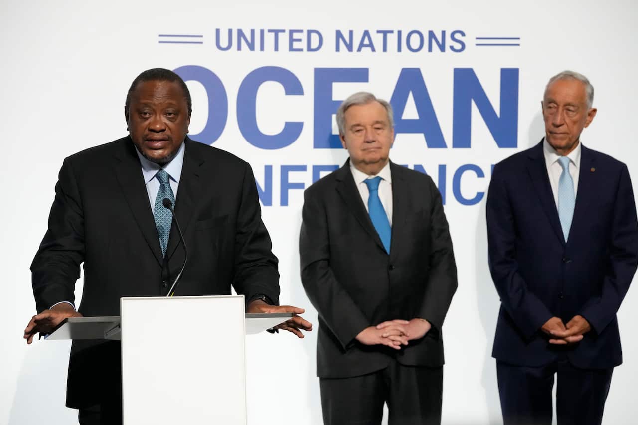 Kenya President Uhuru Kenyatta (left), United Nations Secretary-General Antonio Guterres and Portuguese President Marcelo Rebelo de Sousa attend he UN Ocean Conference in Lisbon, Portugal.  