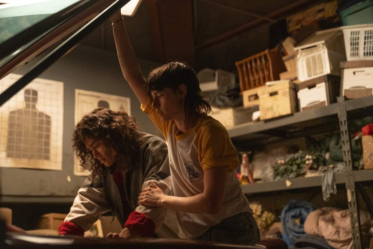 Katy M. O'Brian as Jackie and Kristen Stewart as Lou in 'Love Lies Bleeding'.