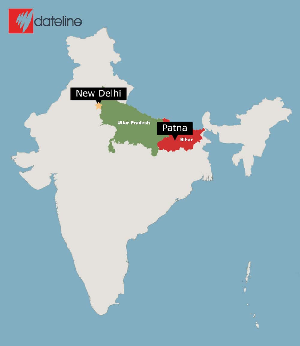 A map of India with highlighted states of Bihar and Uttar Pradesh as well as cities of New Delhi and Patna