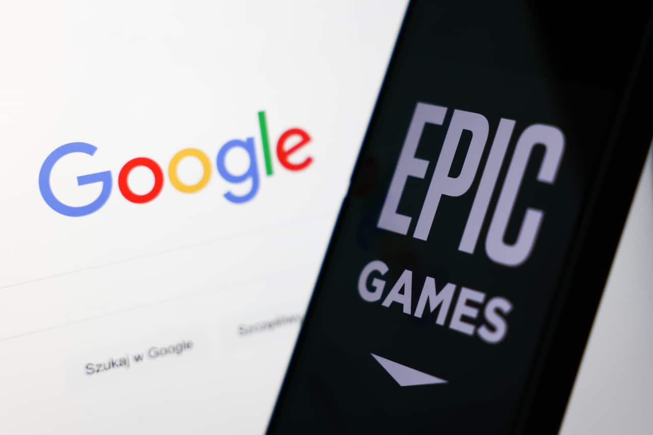A screen with the Google homepage, and a phone with the Epic Games logo.