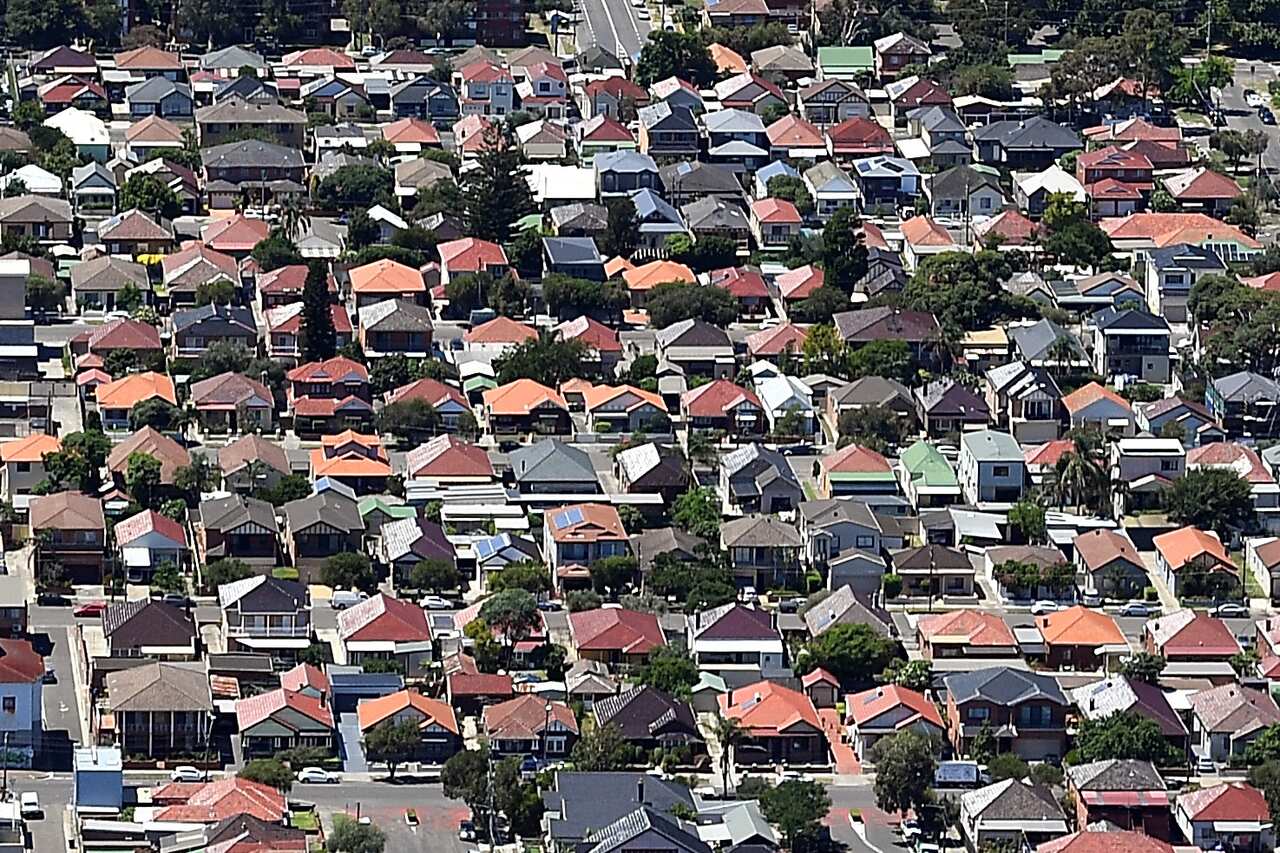 An aerial view of houses.