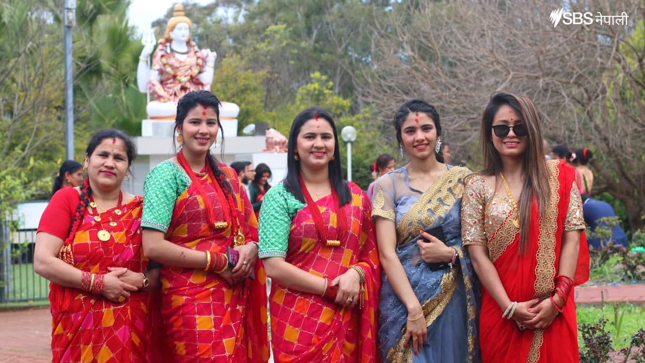 Women at Sydney's Mukti-Gupteshwar temple in Sydney's Minto during Teej.