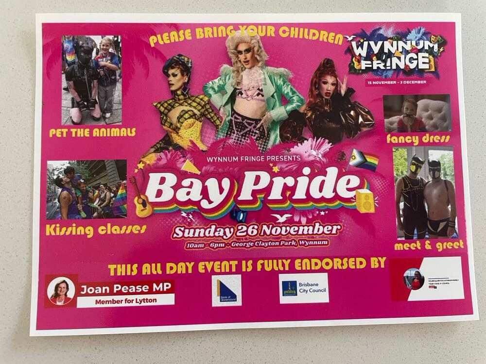 A poster depicting imagery of a child being gagged and adults kissing children, falsely claiming these activties are part of a Brisbane Pride event.