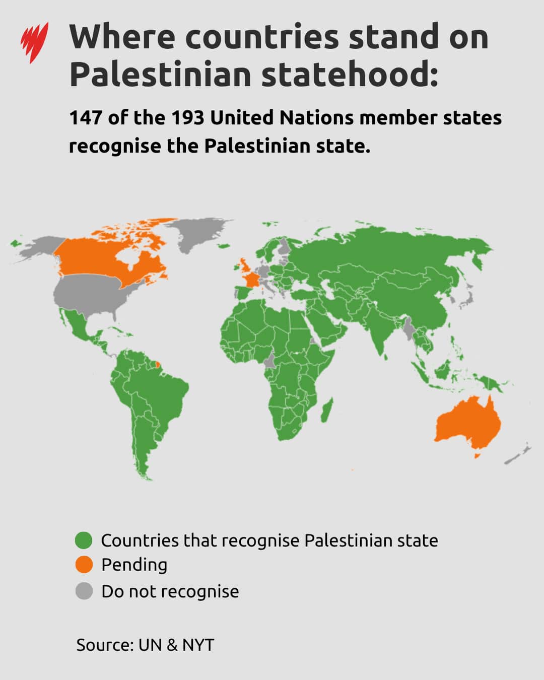 A map of countries that recognise the Palestinian state.