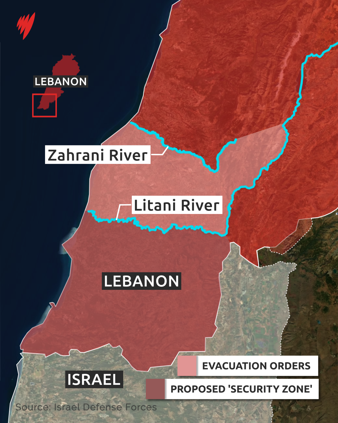 A map of Southern Lebanon and Northern Israel showing evacuation zones and a proposed "security zone".