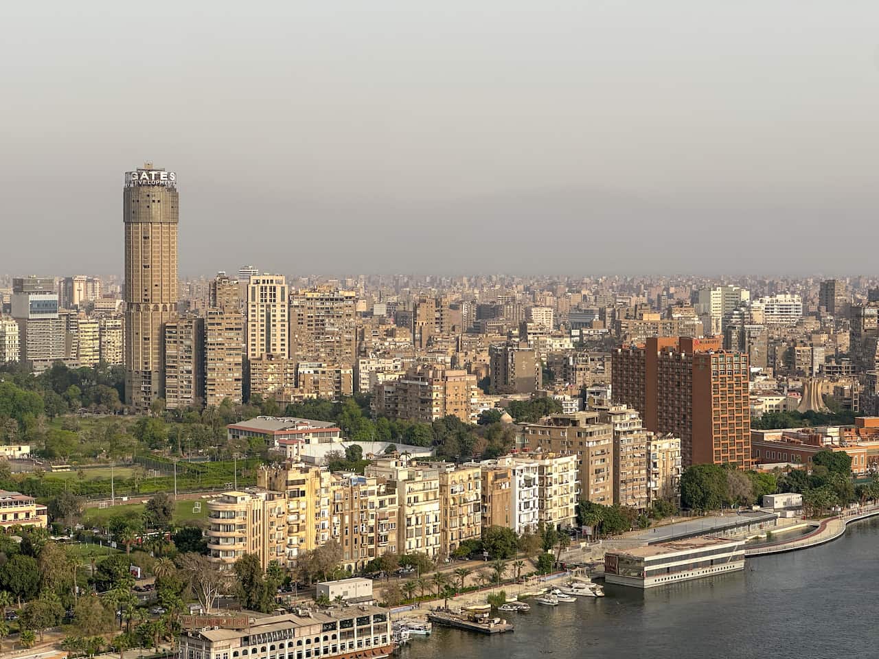 An aerial View of Zamalek District in Cairo, the capital of Egypt, from the Nile River.