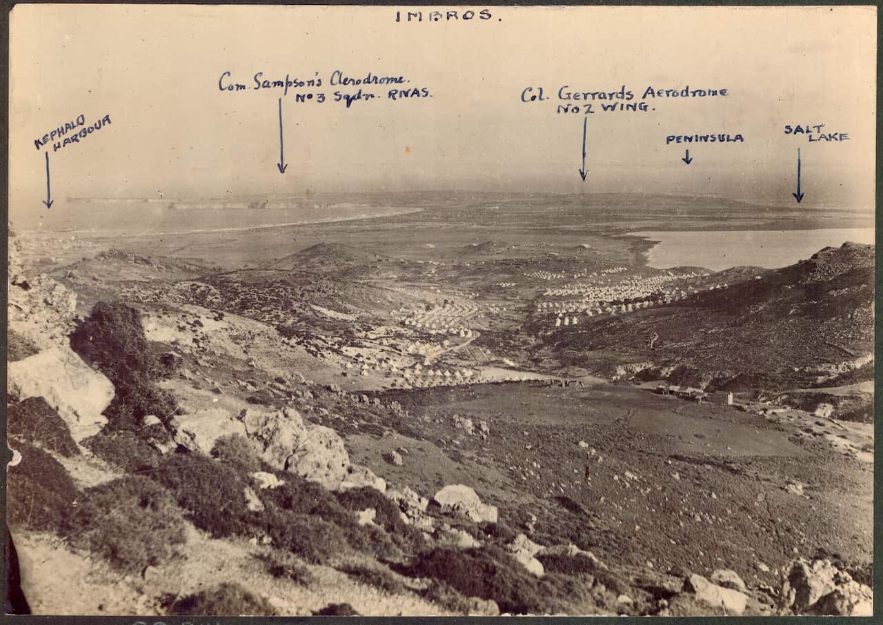 A view of the Allied camp surrounding Kephalos Bay on Imbros during the Gallipoli campaign.