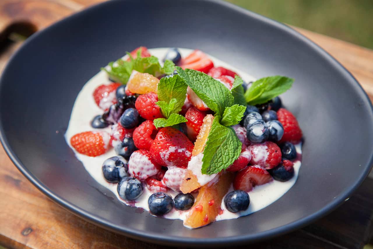 A pool of creamy sauce sits in a wide dark bowl. A colourful pile of mixed fruits sits on the sauce, topped with sprigs of mint. 