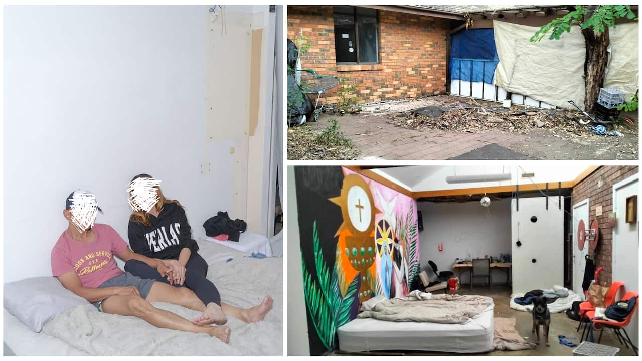 Man and woman with scratched out faces on bed.