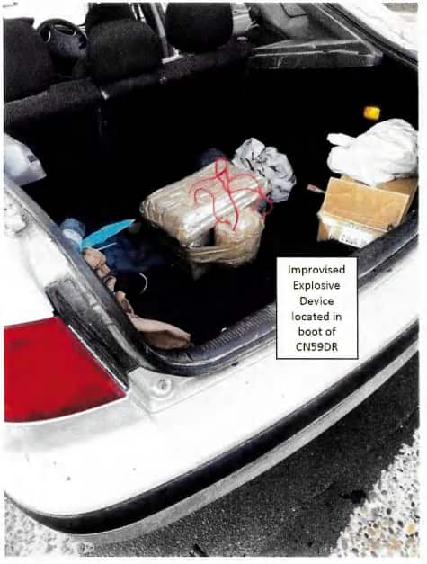 Homemade explosive device in the boot of a car