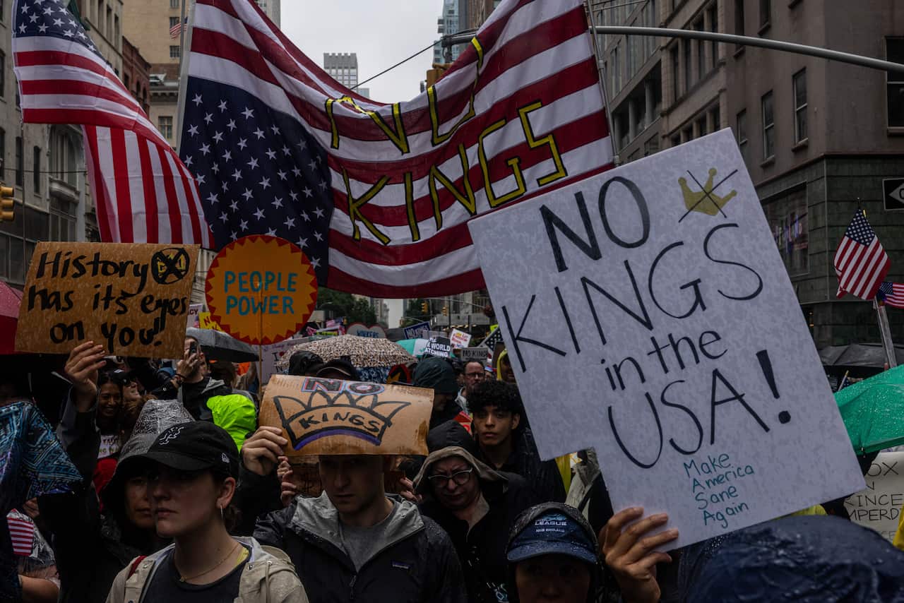  Thousands of New Yorkers march in opposition of Donald Trump's presidency on the day of the military parade celebrating the 250th anniversary of the US Army 