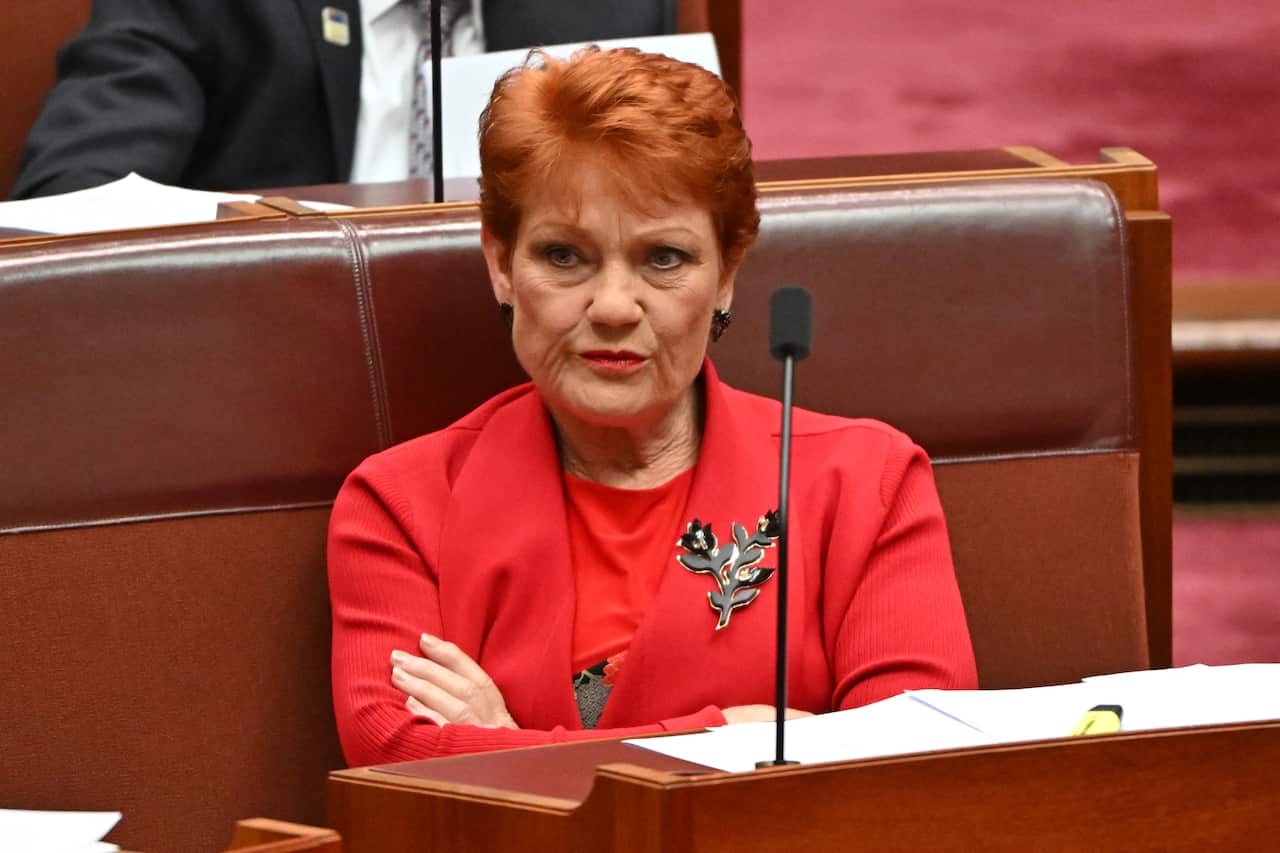 Senator Pauline Hanson wearing a red outfit and sitting in parliament.