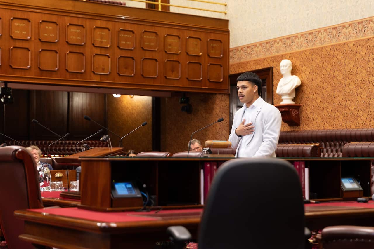 Jai McEwen delivering his speech in the Legislative Council Chamber.jpg