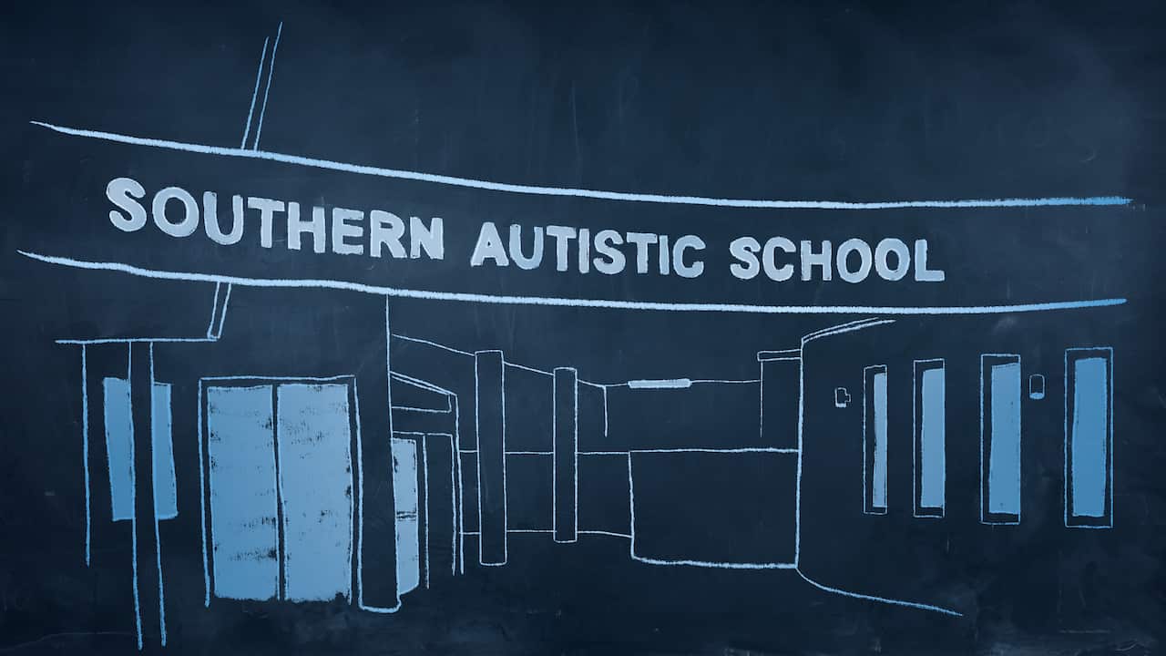 A stylised cartoon graphic showing the entrance to a school with the words "Southern Autistic School" emblazoned on it. 