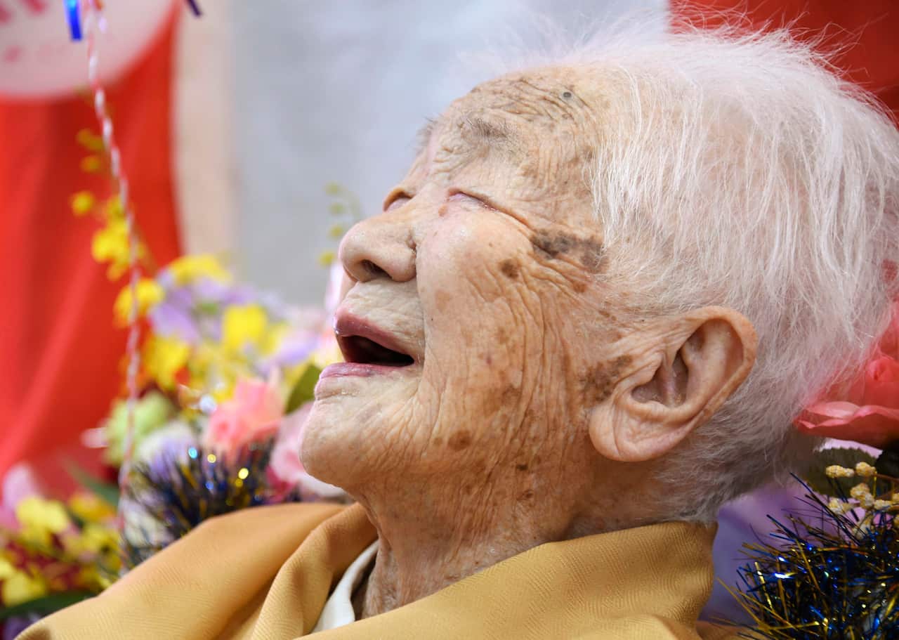Kane Tanaka, recognised as the world's oldest living person by Guinness World Records, smiles in Fukuoka, southwestern Japan, on 5 January 2020.