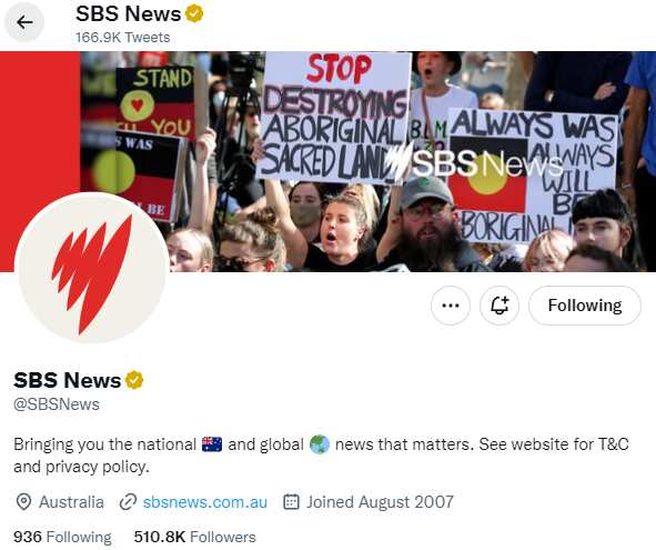 Screenshot of the SBS News Instagram account featuring a gold verification tick.
