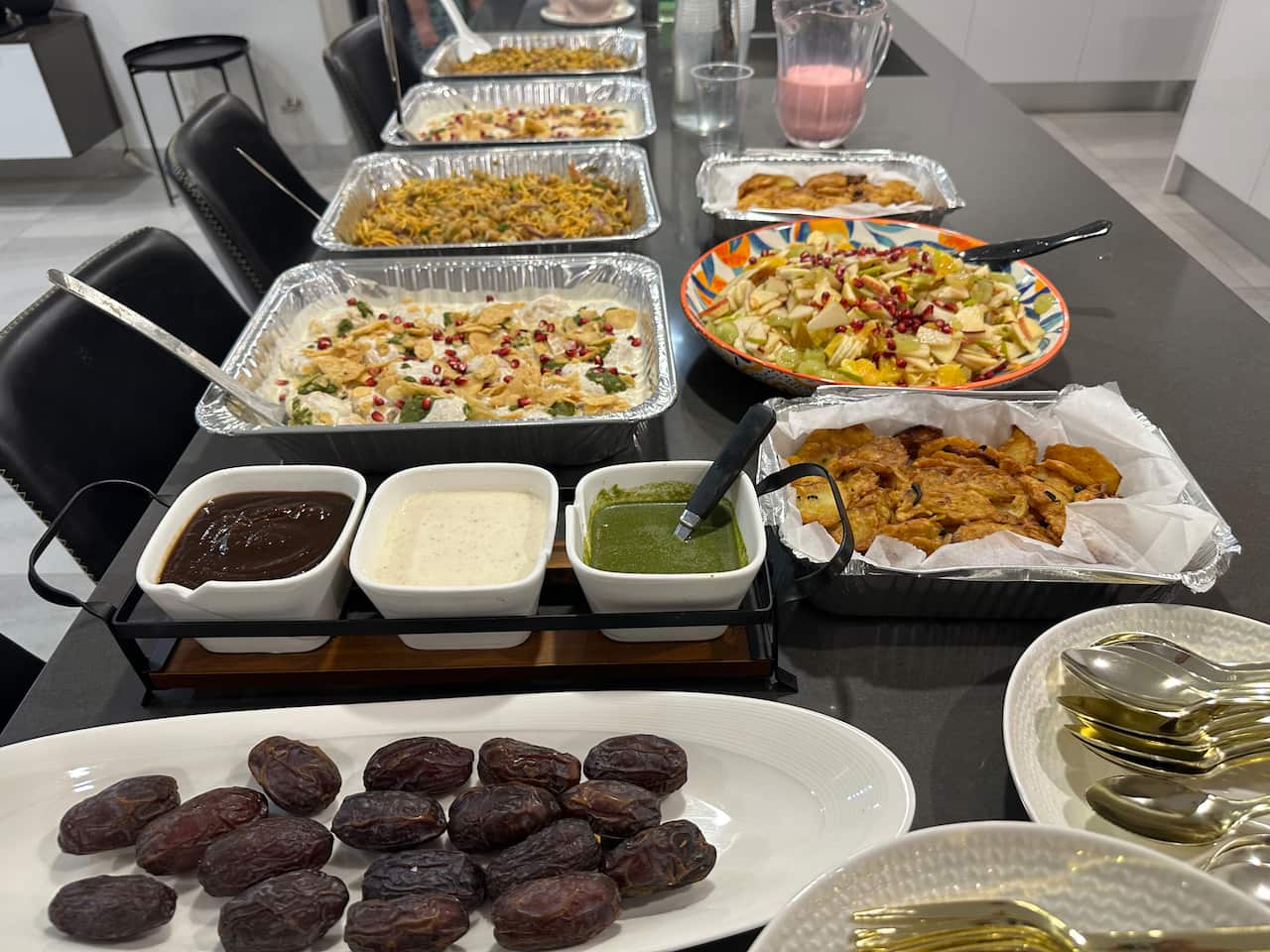The dinner table was adorned with an array of traditional foods.
