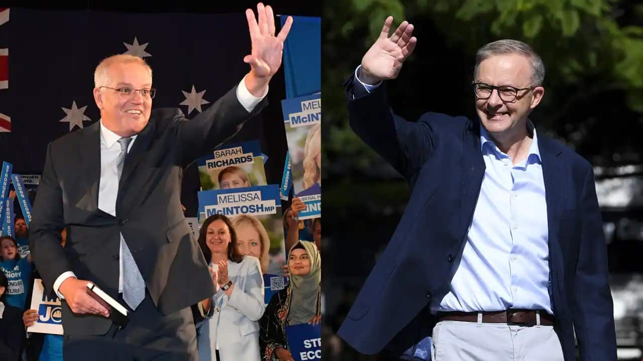 Prime Minister Scott Morrison (left) and Labor leader Anthony Albanese (right are both waving their hands with arm outstretched.