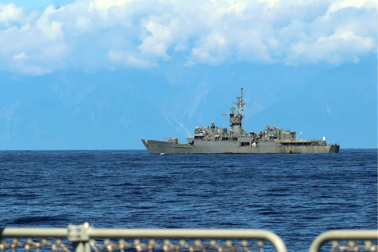 Taiwanese naval frigate Lan Yang is seen from the deck of a Chinese military ship during military exercises