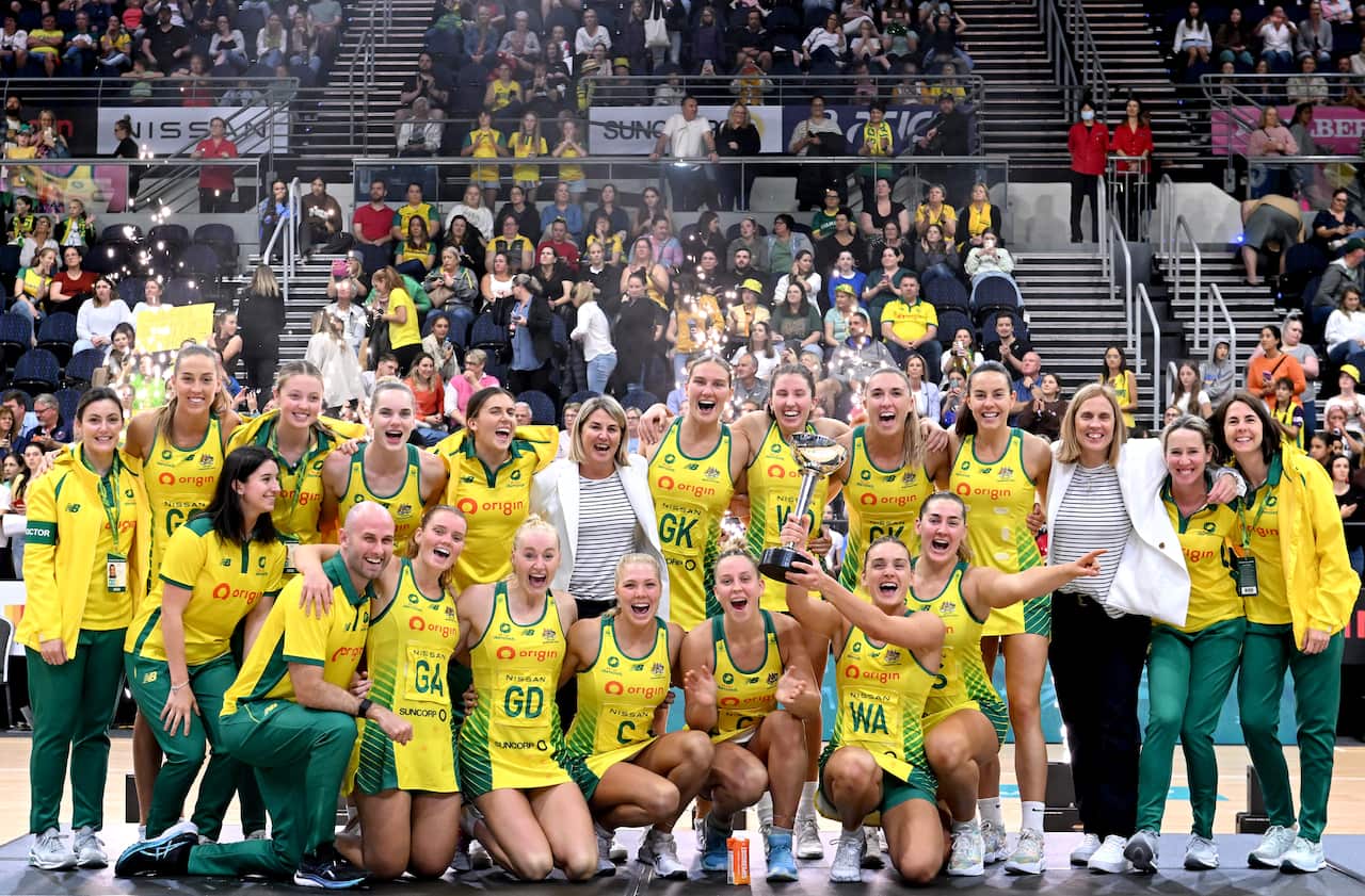The Diamonds team celebrate their victory over the New Zealand Silver Ferns at the Constellation Cup on 23 October.