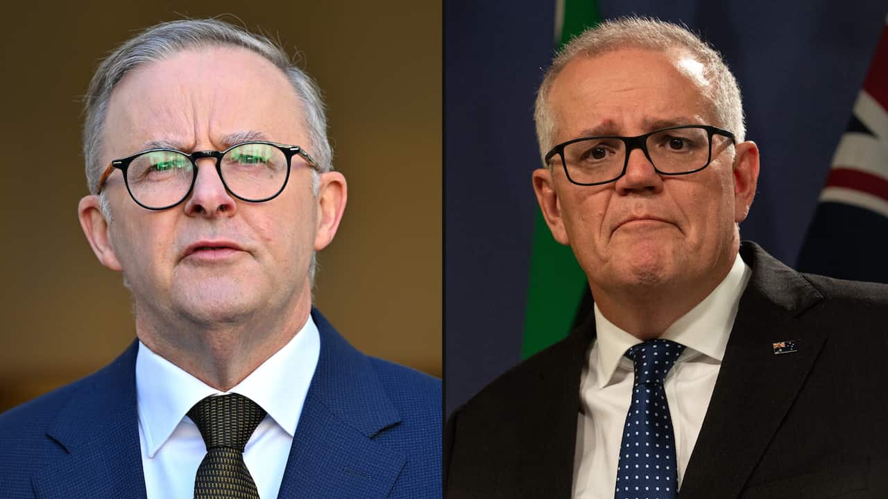 A split image. On one side is a photo of Anthony Albanese, on the other is a photo of Scott Morrison