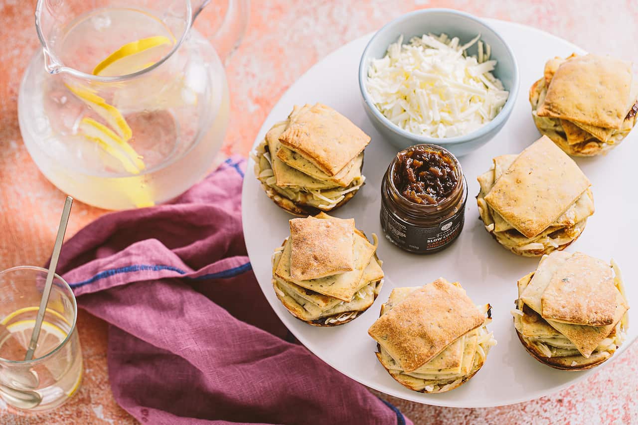 Cheese and onion jam bread stacks