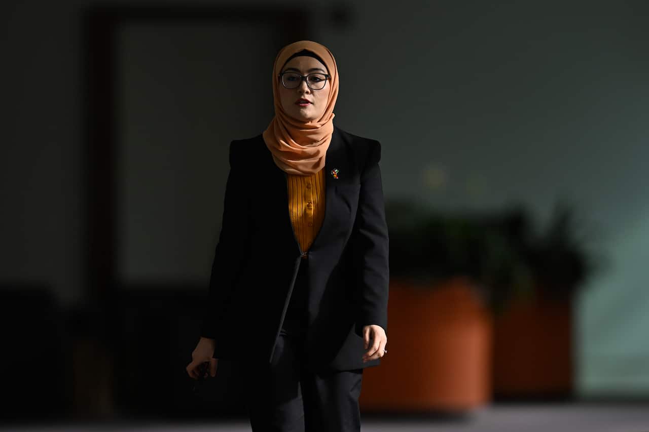 Senator Fatima Payman arrives for a press conference at Parliament House