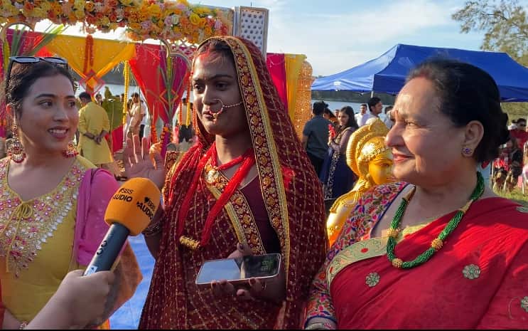 Devotees are seen in Chhath Puja in Chipping Norton, located in the southwestern region of Sydney.