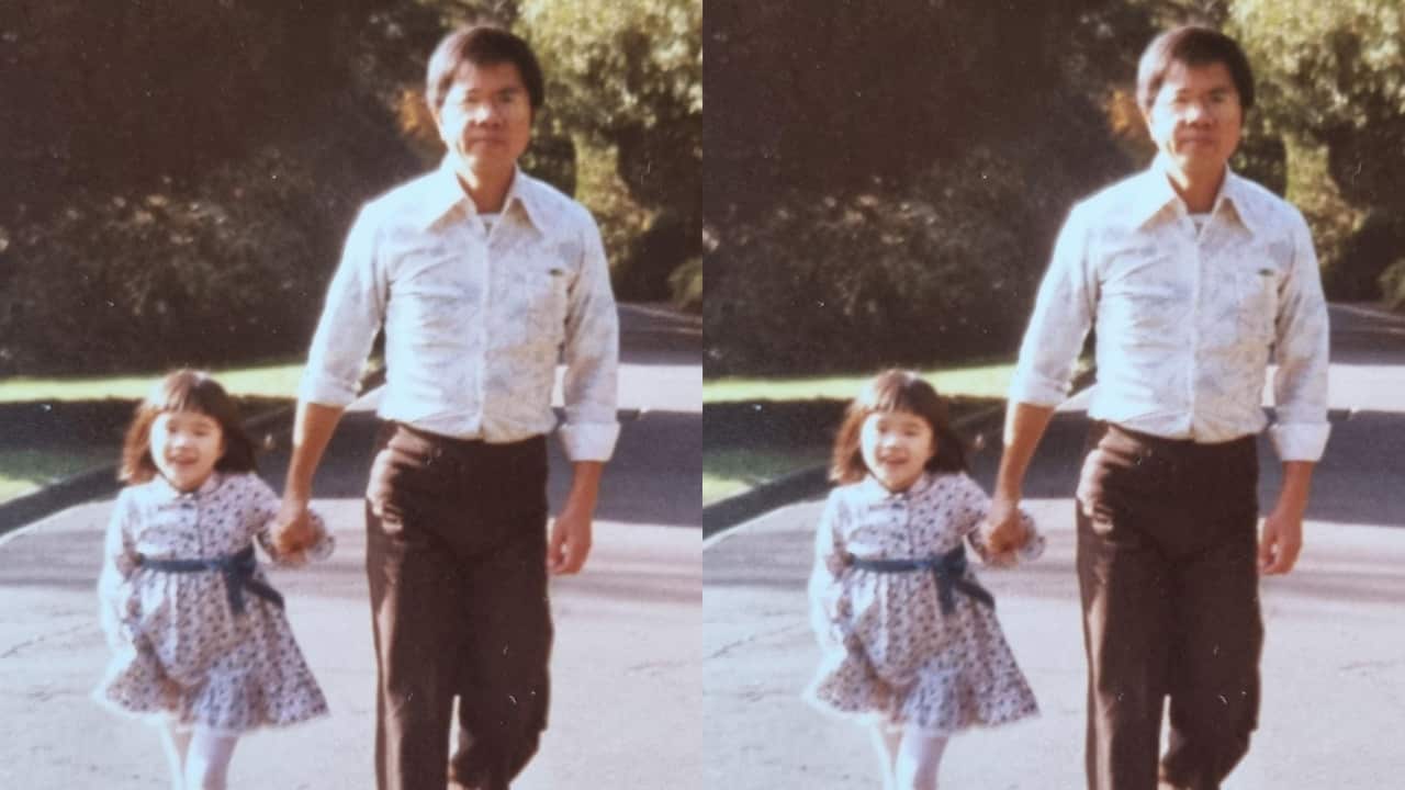 a double vintage photo of a little girl in a dress holding hands with her young dad as they walk down the road