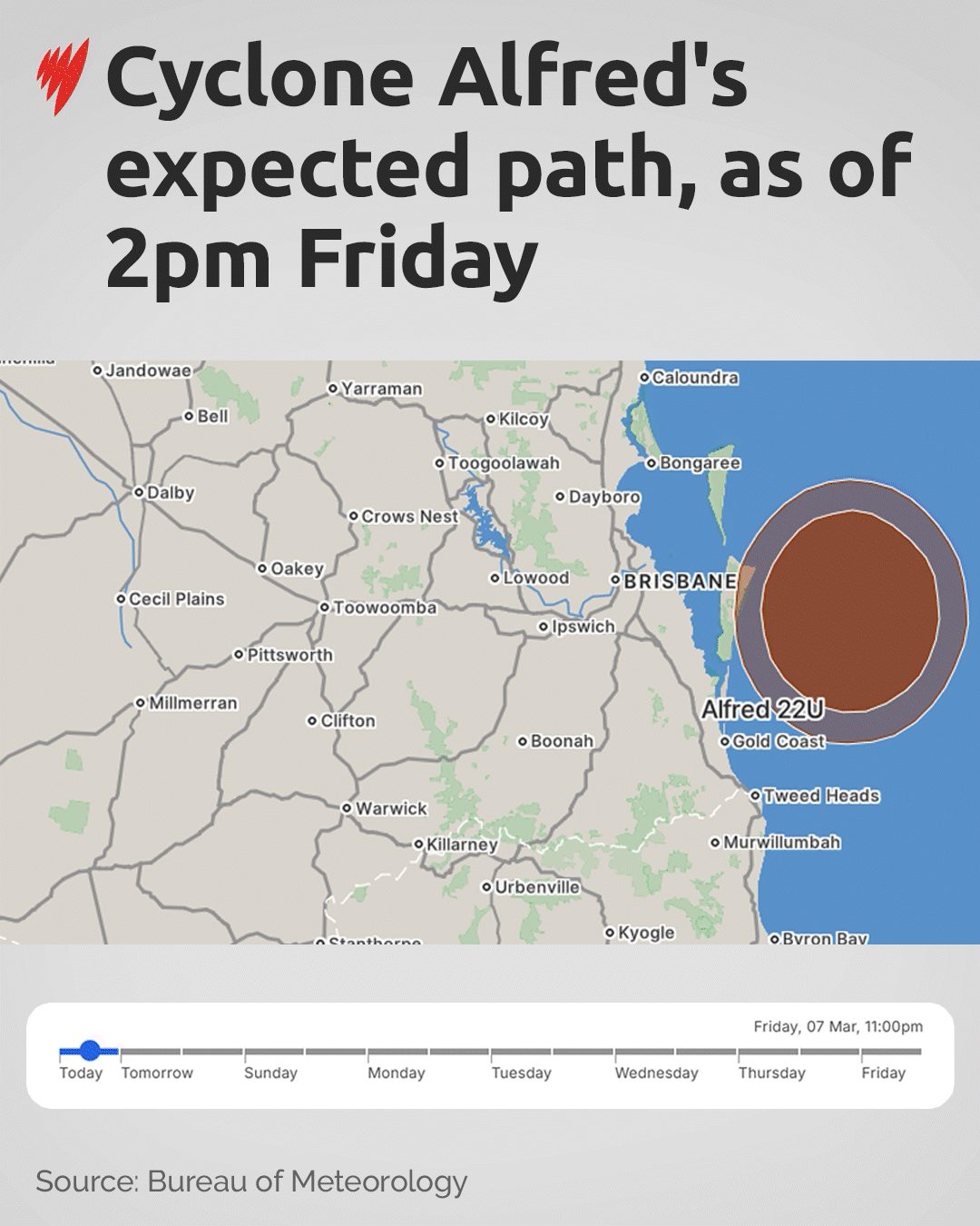 The path of Cyclone Alfred as shown in an animated GIF image