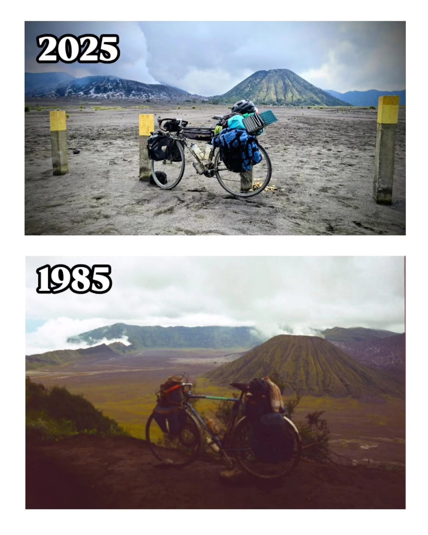 Two images of the same hillside, each featuring a bike and backpacks in the foreground, one captured in 1985 and the other in 2025.