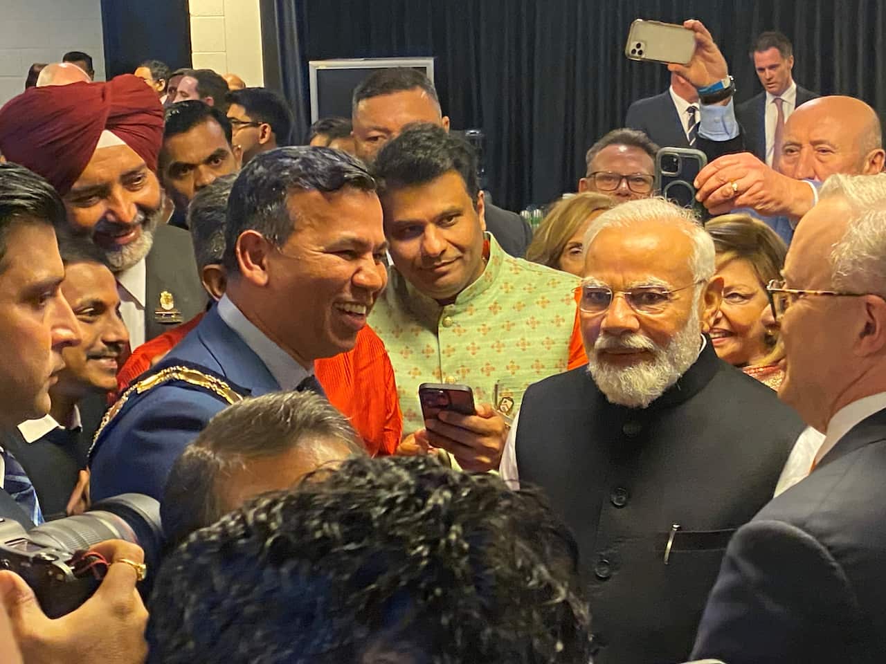 2 Lord Mayor of Parramatta Mr. Sameer Pandey greets Prime Minister Narendra Modi with other Indian community leaders.jpg