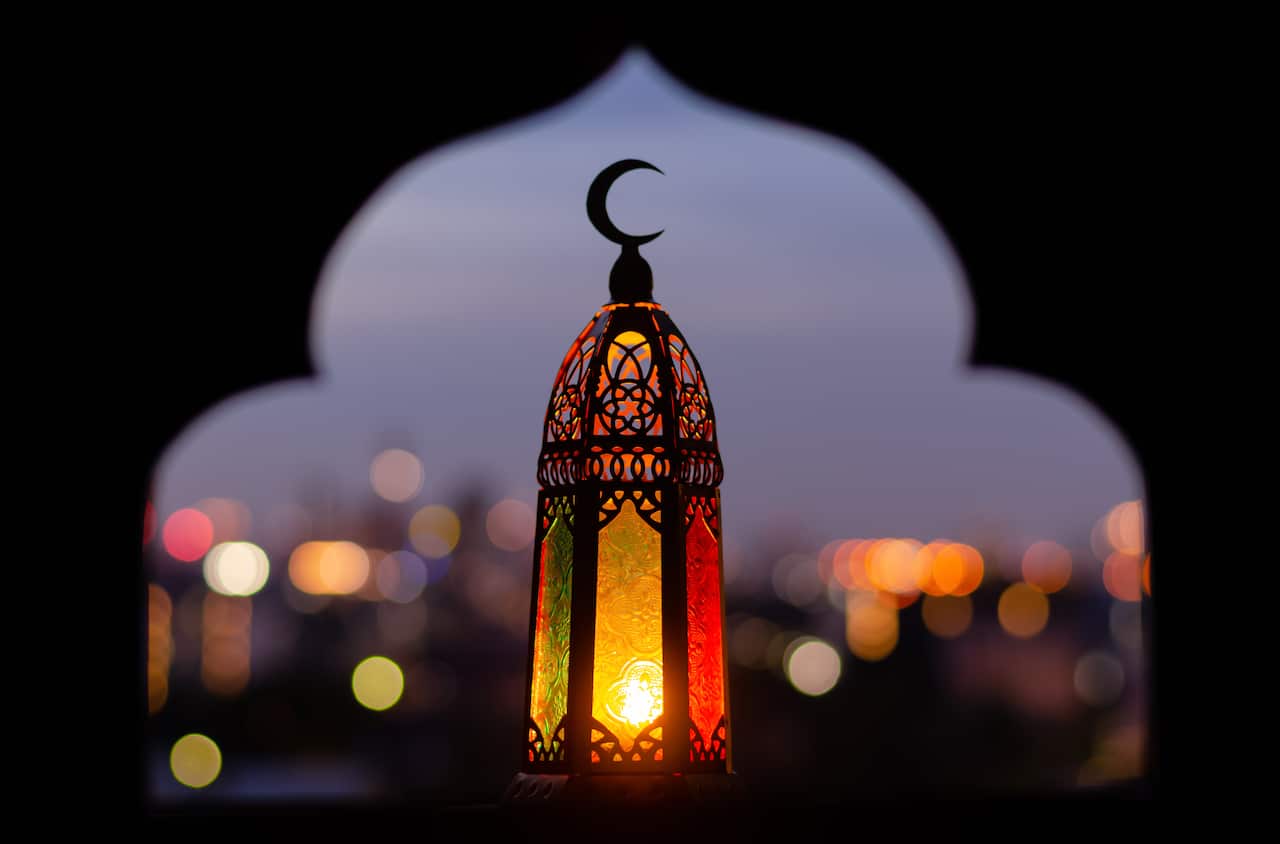 Lantern With Moon Symbol And Mosque Shape Background. Ramadan Kareem And Islamic New Year Concept.