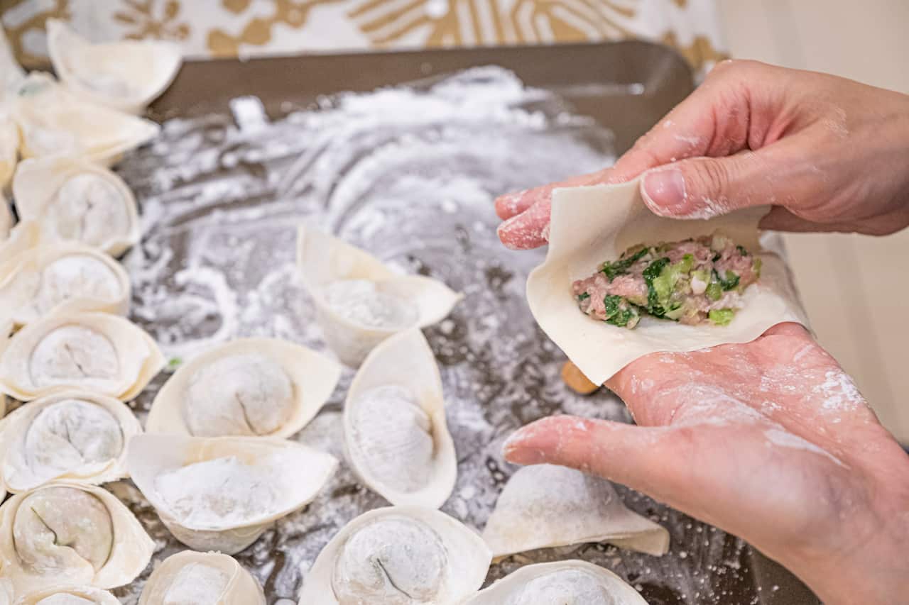 Asian, Chinese making dumpling, Wonton, Homemade Cooking Chinese Ravioli