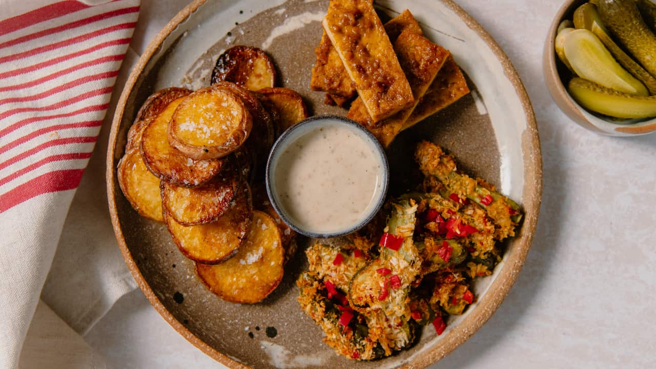 Air fryer potatoes & pickles with crispy tofu